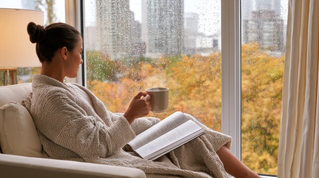 Woman reading book with mug beside rain-speckled window, cozy home relaxation and autumn foliage outside. Me time in fall season