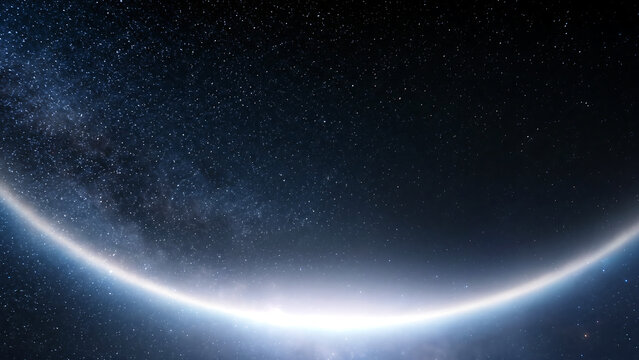 深く暗い紺の星空を大きく横切っていく光の弧と中央に静かに集まっていく荘厳な発光