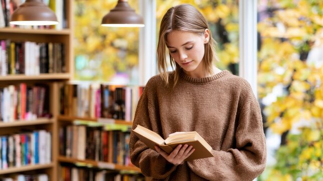 Young woman reading book beside bookshelves and autumn foliage, cozy study and leisure concept