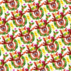 Cute Reindeer Christmas Wreath and Candy Seamless Pattern White Background © Andarini