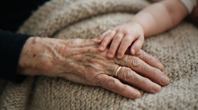 A close-up shot of a baby's tiny hand resting gently on an elderly person's wrinkled hand, symbolizing the connection between generations.