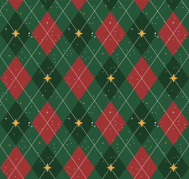 Festive green and red Christmas argyle seamless pattern with golden stars and falling snow. Ideal for wallpaper, holiday backgrounds, textiles, and wrapping paper. Vector illustration.