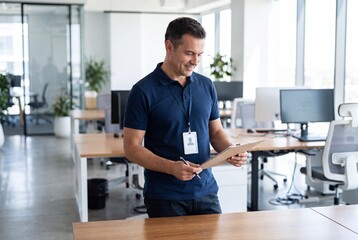 Fototapeta premium Professional Male Supervisor Reviewing Paperwork in an Office Workplace Setting