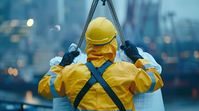 Stevedore in rain gear guiding the lifting of a bulk bag on the dock