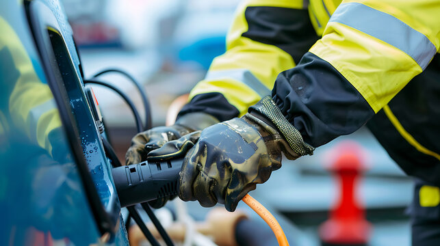 Technician connecting a high-power electrical shore supply cable