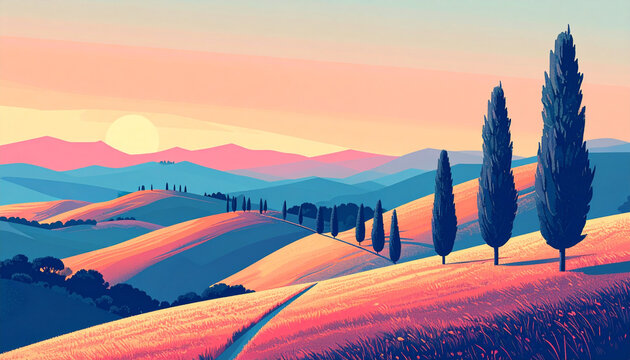 Stylized Tuscan Landscape with Cypress Trees at Sunset