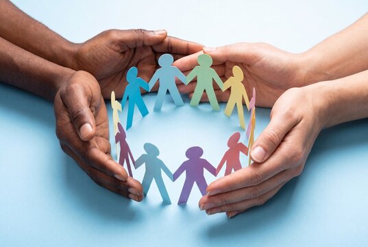 Diverse Hands Holding Paper People Cutouts Representing Unity Teamwork and Social Inclusion