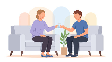 Obraz premium Woman offers glass of water to man sitting on sofa, symbolizing care, support, and comfort