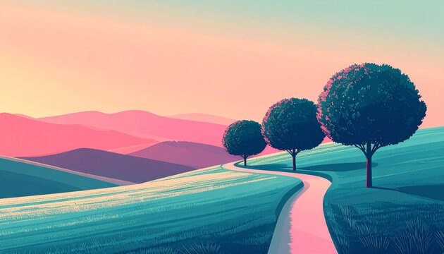 Winding road through rolling hills at sunset