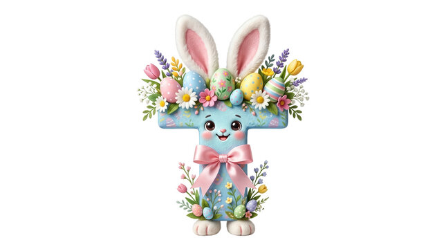 Easter bunny letter T, cute alphabet character with rabbit ears and spring flowers, pastel blue initial with colorful eggs