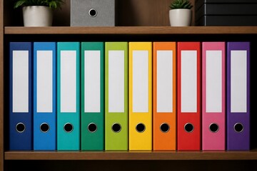 Obraz premium Colorful ring binders arranged on wooden office shelf
