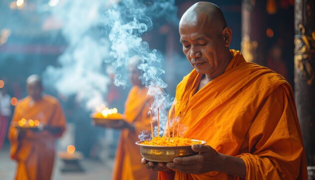 A Buddhist monk performs a traditional incense offering ceremony at a temple, surrounded by other monks and soft glowing candlelight