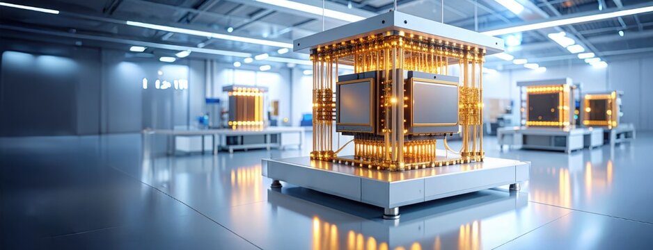 Advanced quantum processor unit in a sleek lab environment symbolizes the forefront of computational power and digital transformation