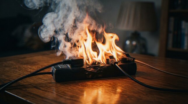 A close-up shot of a black electrical power strip catching fire on a wooden table, depicting a dangerous electrical short circuit.