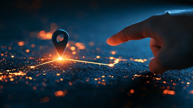 Finger touching glowing gps location pin on interactive digital map interface with glowing navigation routes navigation system geolocation tracking route planning mapping techno