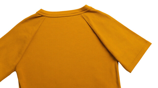 Isolated bright mustard yellow comfortable short sleeve raglan top, casual apparel back view