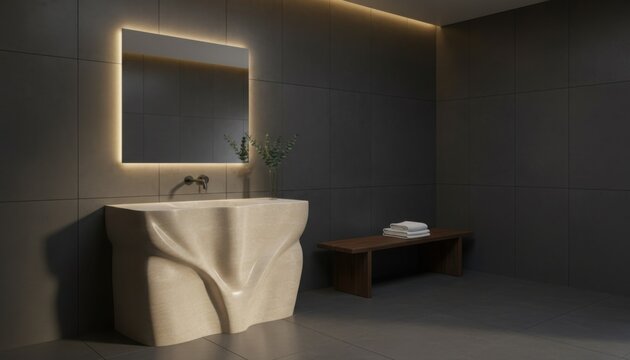 Modern bathroom interior featuring minimalist stone vanity with organic sculptural texture below backlit square mirror on dark tiled wall