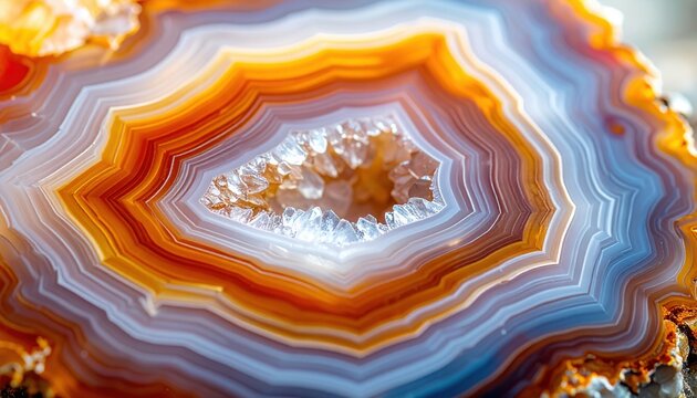 Close up view of geode crystal formation with colorful ringed bands surrounding a sparkling white quartz center