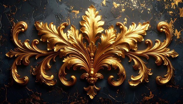Ornate golden acanthus leaf carving with symmetrical baroque flourishes positioned against dark cracked stone background