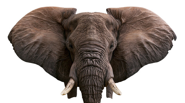 Isolated African elephant head with large ears and magnificent tusks facing camera