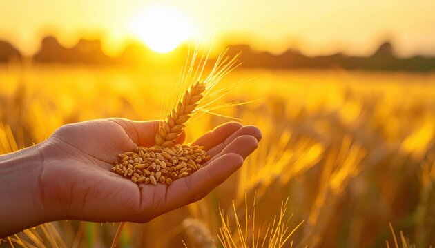 Cupped hands holding pile of golden wheat grains and single stalk against glowing yellow sunset over vast agricultural field