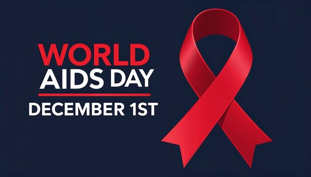 World aids day december 1st with red ribbon on dark background