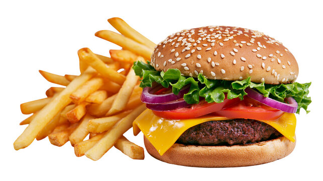 Isolated juicy beef cheeseburger with lettuce, tomato, onion, cheese and golden french fries