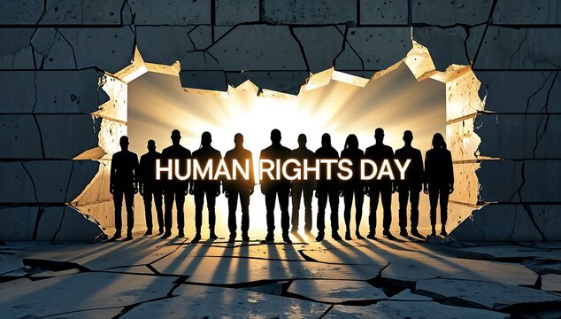 Human rights day silhouettes of people breaking through a wall