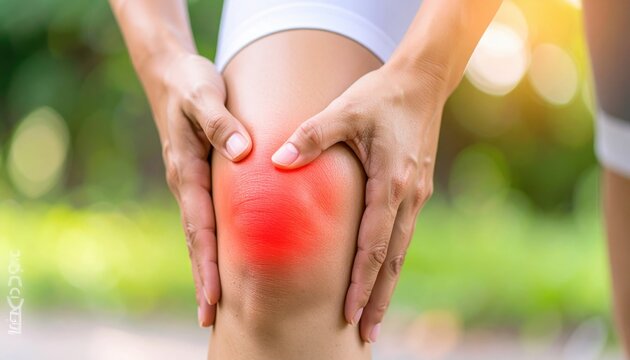 Close up view of person clutching a painful knee with glowing red inflammation effect during outdoor physical activity
