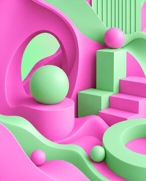 A vibrant 3D abstract composition of pink and mint green spheres, cubes, stairs, arches and flowing organic shapes