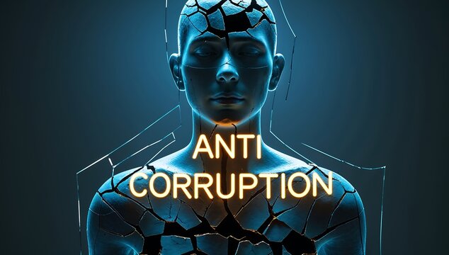 Cracked human figure with glowing anti corruption text