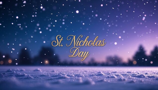 St nicholas day golden text on a magical winter night with falling snow