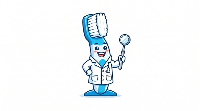 Friendly toothbrush doctor character holding a dental mirror wearing lab coat