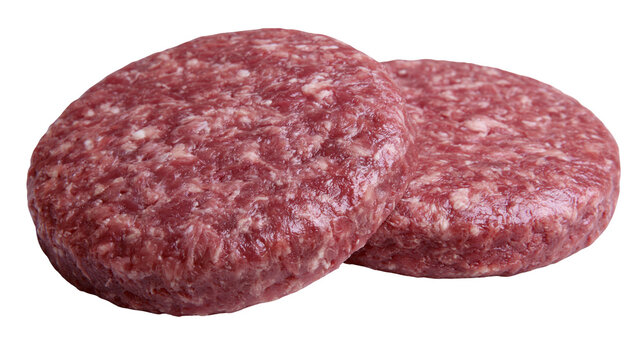 Isolated fresh raw beef hamburger patties with visible marbling ready for cooking or grilling