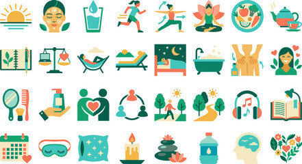 Naklejka premium Health Wellness Self Care Lifestyle Icons Set Yoga Meditation Sleep Nutrition Fitness Skincare Balance Flat Vector Healthy Mindfulness