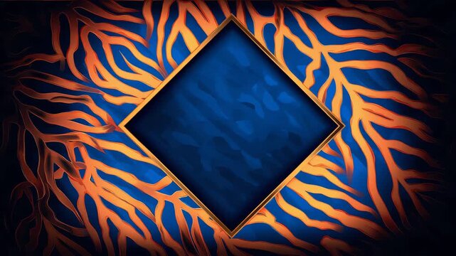 Metallic gold rhombus frame with dark blue center over glowing orange leaf vein pattern