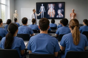 Obraz premium Medical students listening to anatomy lecture in classroom