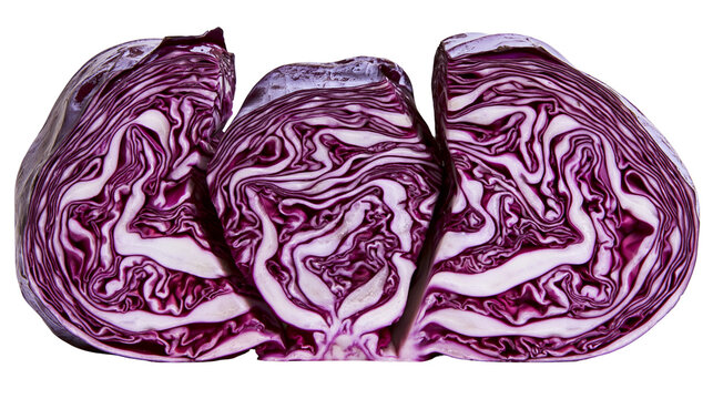 Isolated fresh red cabbage cut into three pieces showing vibrant purple leaves close up