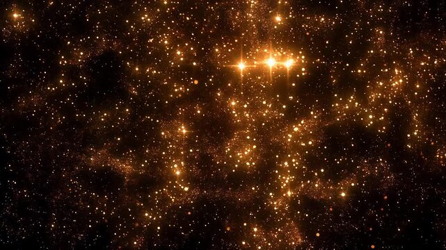 Sparkling gold dust particles floating in deep black void
