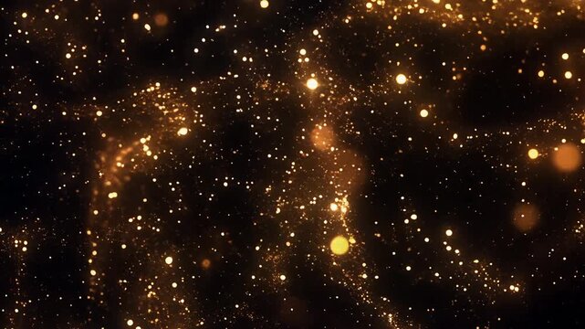 Sparkling gold dust particles floating in deep black void