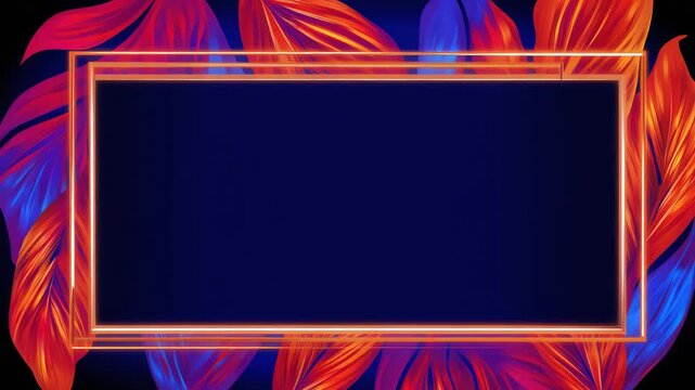 Triple line rose gold rectangular frame centered over dark background with glowing orange and violet tropical foliage