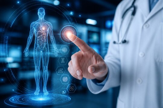 Doctor interacting with holographic human anatomy display in lab