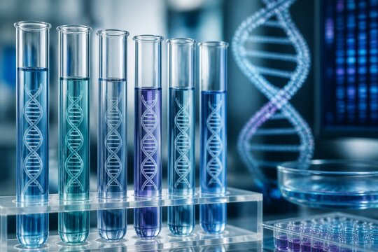 Test tubes containing colored solutions with dna helix model