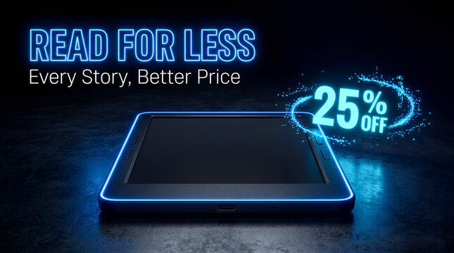 Modern digital e-reader with 25 percent off discount price tag on dark background. Online ebook. Rebate ecommerce Cyber Monday or Black Friday marketing offer. Special promotion sale banner.