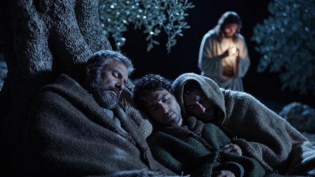 Three exhausted biblical disciples sleep deeply wrapped in brown robes under an ancient olive tree while a glowing jesus christ prays alone in the dark night garden of gethsemane