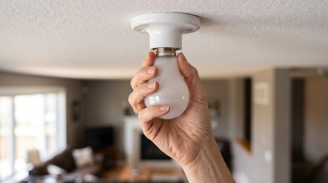 Person changing a white energy efficient light bulb into a ceiling fixture socket for home lighting maintenance