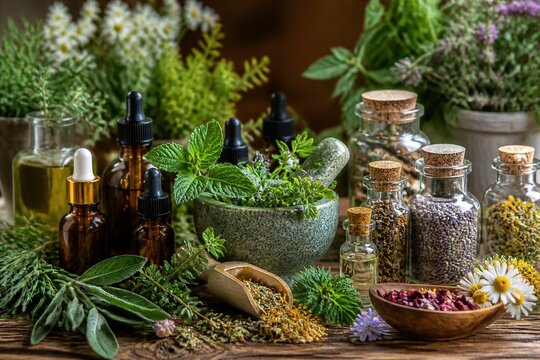 Herbal remedies arranged with mortar and glass jars on table