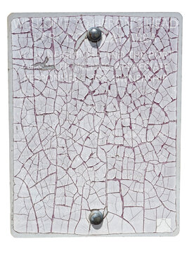 faded park sign-A heavily weathered and cracked metallic park sign shows severe peeling paint and text erosion.