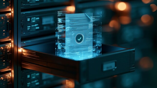 Glowing digital document icon secured in a server rack drawer in a data center with cyber security cloud storage verified technology database information security protection