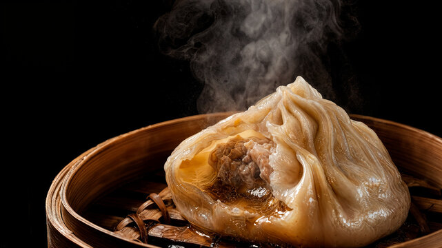 Delicious steamed dumpling with savory filling served in a traditional clay pot emitting aromatic steam for authentic cuisine photography